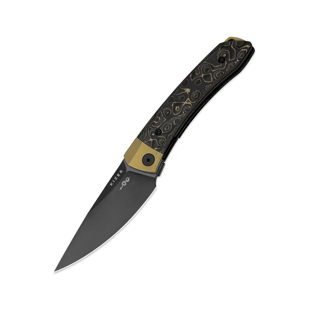 Kizer Knives Mini Momo Knife: 3.2", Plain Edge, Drop-Point, DLC Blade, Titanium & Fat Carbon Camo Gold Handle, Model KI3663A3