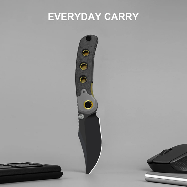 Kizer Knives Pioneer Knife: 3.2", Plain Edge, Clip-Point, Black DLC Ultra Blade, Titanium & Marble Carbon Fiber Handle, Model ZX-FK03-A1