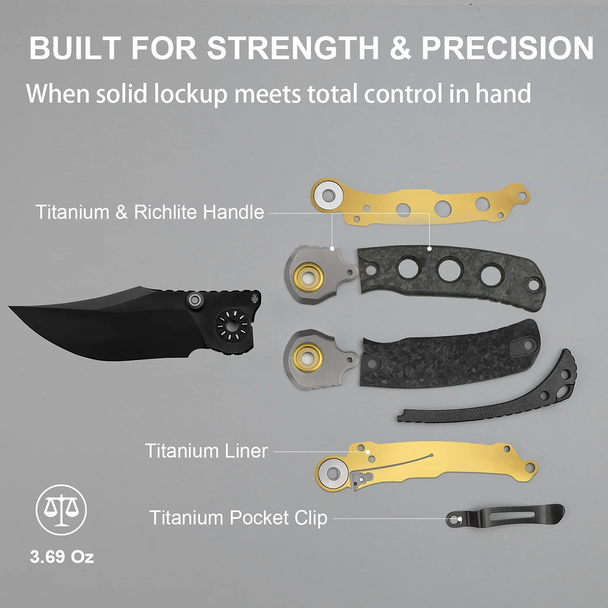 Kizer Knives Pioneer Knife: 3.2", Plain Edge, Clip-Point, Black DLC Ultra Blade, Titanium & Marble Carbon Fiber Handle, Model ZX-FK03-A1