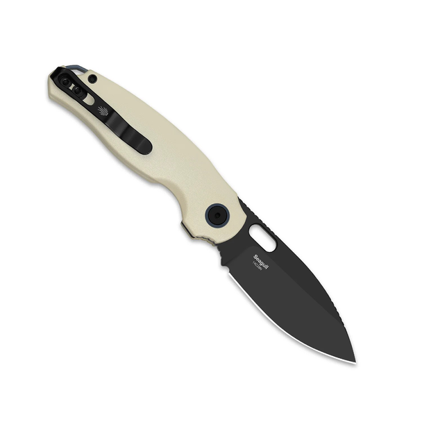 Kizer Knives Seagull Knife: 2.9", Plain Edge, Drop-Point, Black Stonewash Blade, Ivory Aluminum Handle, Model V3770A3