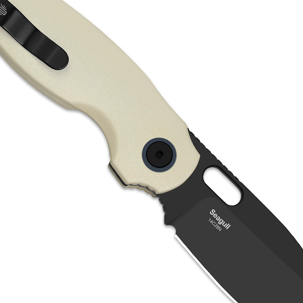 Kizer Knives Seagull Knife: 2.9", Plain Edge, Drop-Point, Black Stonewash Blade, Ivory Aluminum Handle, Model V3770A3