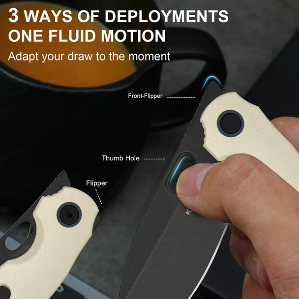 Kizer Knives Seagull Knife: 2.9", Plain Edge, Drop-Point, Black Stonewash Blade, Ivory Aluminum Handle, Model V3770A3