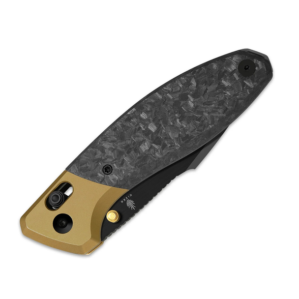 Kizer Knives Staffi Knife: 3.3", Plain Edge, Harpoon, Matte DLC Blade, Gold Titanium & Carbon Fiber Handle, Model KI3695A1