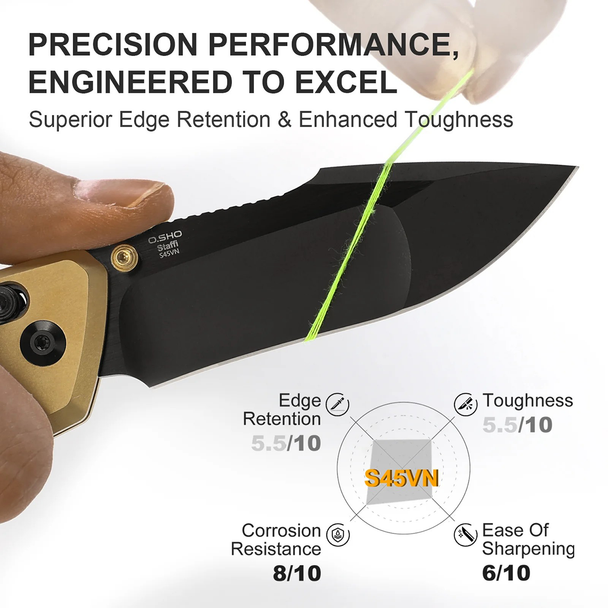 Kizer Knives Staffi Knife: 3.3", Plain Edge, Harpoon, Matte DLC Blade, Gold Titanium & Carbon Fiber Handle, Model KI3695A1