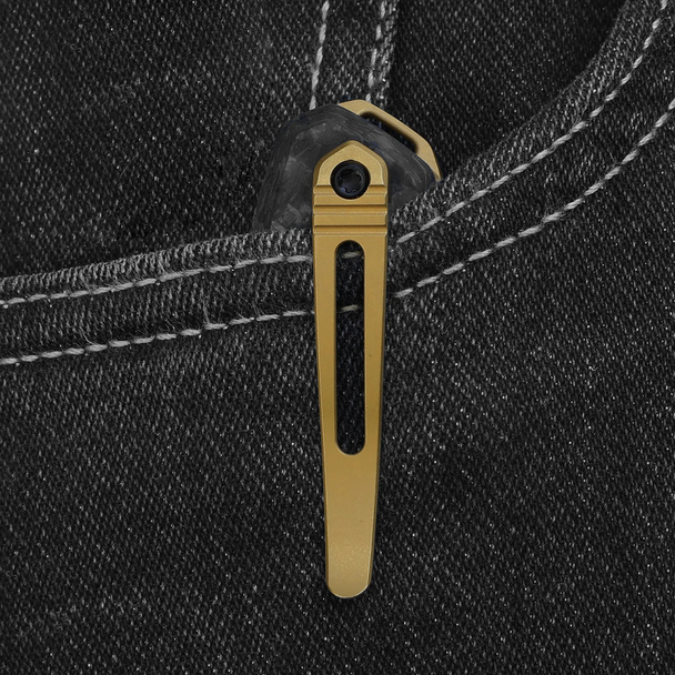 Kizer Knives Staffi Knife: 3.3", Plain Edge, Harpoon, Matte DLC Blade, Gold Titanium & Carbon Fiber Handle, Model KI3695A1