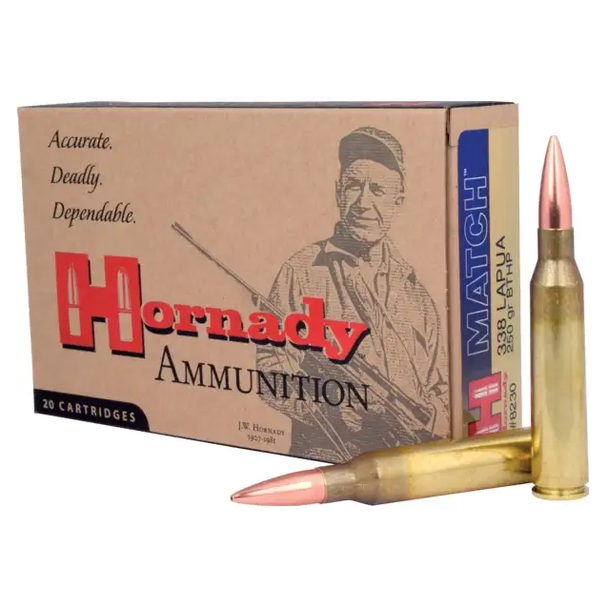 Hornady Match Ammunition: 338 Lapua, 250 Grain, BTHP Match, 2860 fps