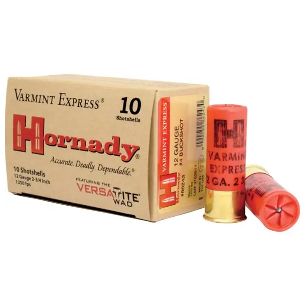 Hornady Varmint Express Ammunition: 12 Gauge, 2-3/4", 24 Pellets, #4 Buckshot, 1350 fps, Model 86243