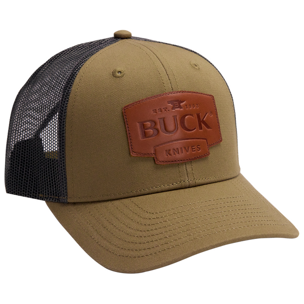 Buck Knives Leather Patch Logo Trucker Hat, Green