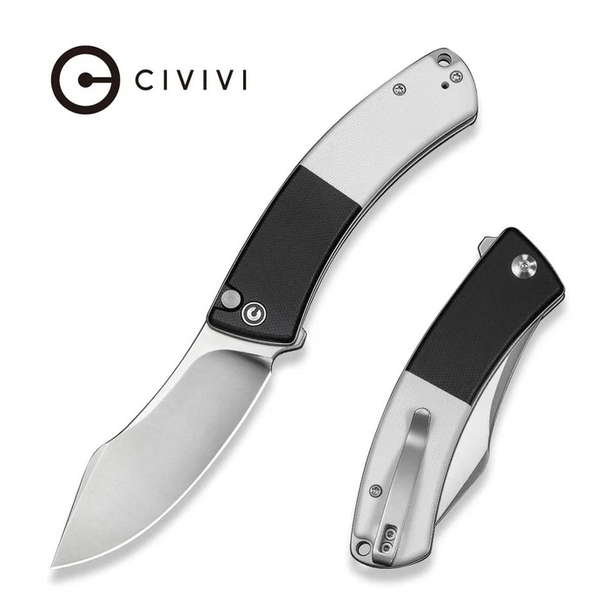 CIVIVI Outlaw Muk, Button Lock Knife: 3.47", 14C28N, Nessmuk, Plain Edge, Satin Blade, Black & White G10 Handle, Model C24079-4