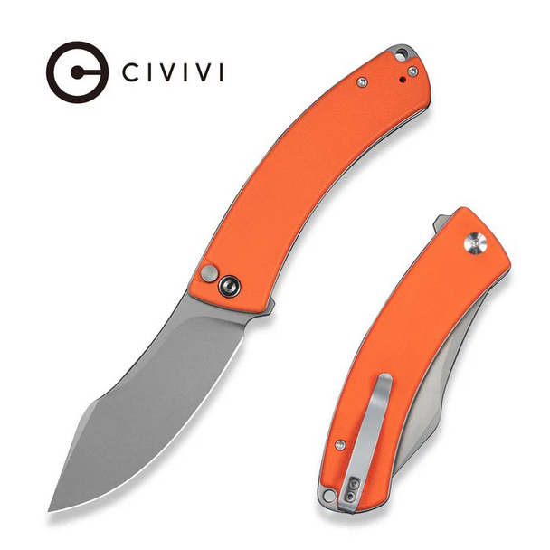 CIVIVI Outlaw Muk, Button Lock Knife: 3.47", 14C28N, Nessmuk, Stonewashed Blade; Orange G10 Handle, Model C24079-2