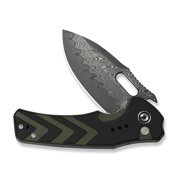 CIVIVI Vexron, Button Lock Knife: 2.98", Damascus, Drop-Point, Plain Edge, Blade; Black & Green G10 Handle, Model C24066-DS1