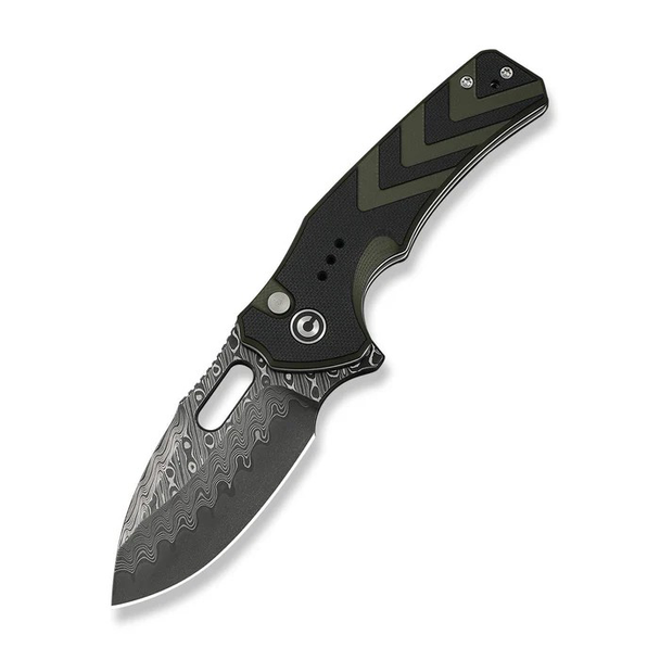 CIVIVI Vexron, Button Lock Knife: 2.98", Damascus, Drop-Point, Plain Edge, Blade; Black & Green G10 Handle, Model C24066-DS1
