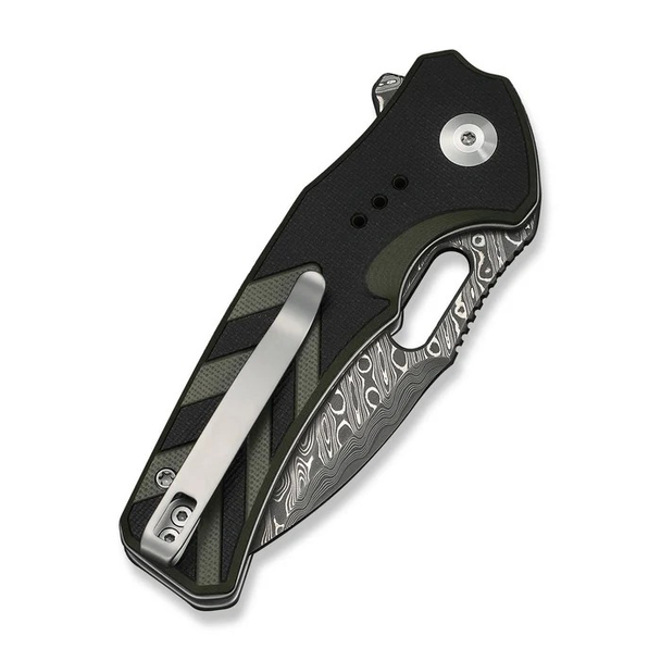 CIVIVI Vexron, Button Lock Knife: 2.98", Damascus, Drop-Point, Plain Edge, Blade; Black & Green G10 Handle, Model C24066-DS1