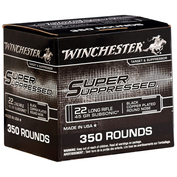 Winchester Super Suppressed Ammunition: 22 LR, 45 gr, Black Copper Plated RN, 1090 fps, Model SUP22LRB2