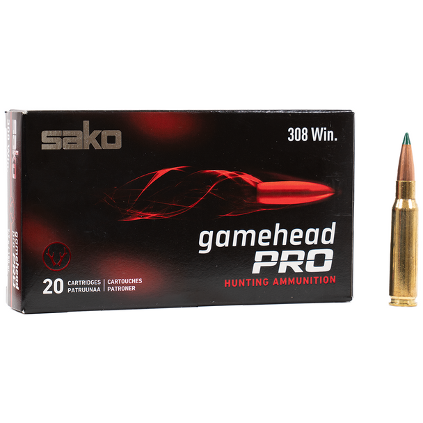 Sako Gamehead Pro Ammunition: 308 Win, 150 gr, Tipped Hollow Point Boat Tail, 2854 fps, Model C629106ASA10