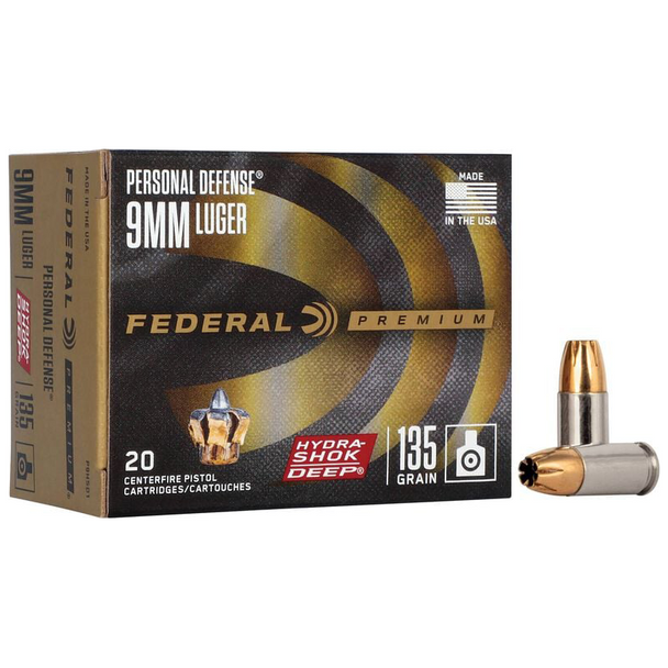 Federal Personal Defense HSD Ammunition: 9mm, 135 gr, Hydra-Shok Deep JHP, 1060 fps, Model P9HSD1