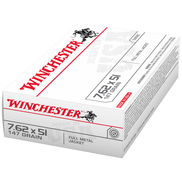 Winchester USA White Box Ammunition: 7.62x51mm, 147 gr, FMJ, 2750 fps, Model Q3130