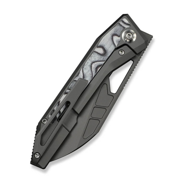 WE Knife Inceptus Front Flipper & Thumb Hole Knife Dark Gray Titanium Handle With White & Black G10 Inlay (3.57" Gray Stonewashed Bohler M390 Blade) Model WE25017-1