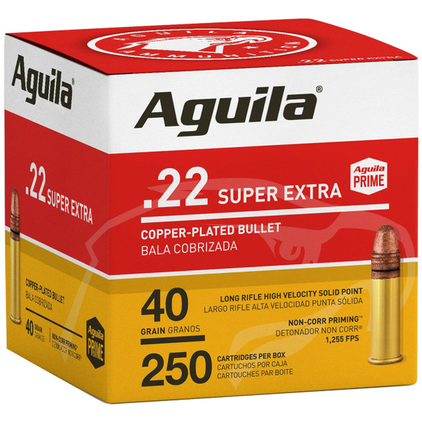 Aguila Super Extra Ammunition: 22 LR, 40 gr, Copper-Plated Round Nose, 1255 fps, Model 1B221100