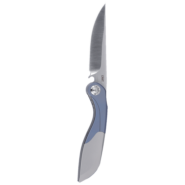 CRKT Fial Liner Lock Knife, w/ Corkscrew: M390, 3.64", Drop Point, Plain Edge, Satin Blade, Blue & Grey Titanium Handle, Model 5671