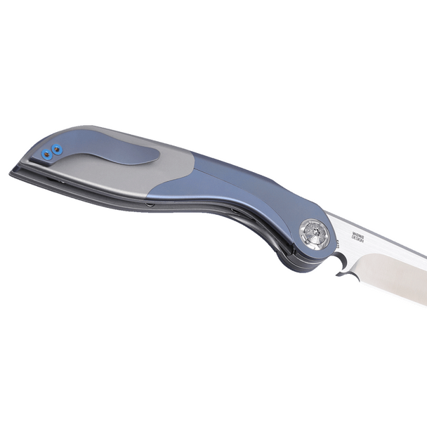 CRKT Fial Liner Lock Knife, w/ Corkscrew: M390, 3.64", Drop Point, Plain Edge, Satin Blade, Blue & Grey Titanium Handle, Model 5671