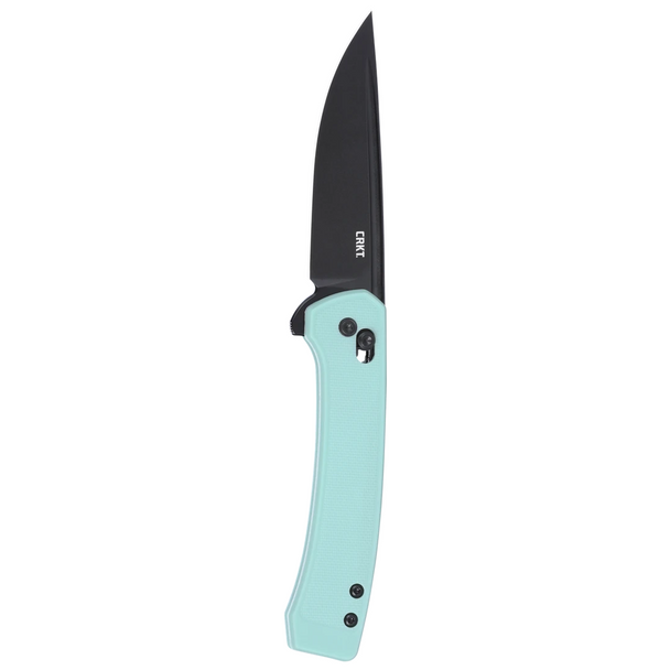 CRKT Q Compact Crossbar Lock Knife: 3Drop Point, Plain Edge, Black Oxide Blade, Aqua GRN, Model 7075B