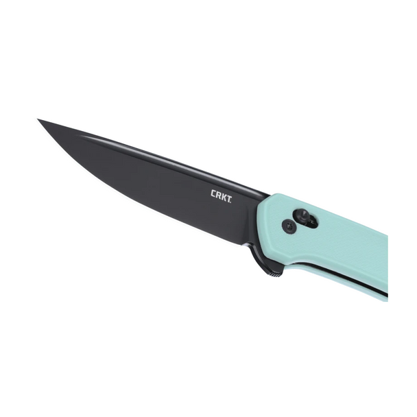 CRKT Q Compact Crossbar Lock Knife: 3Drop Point, Plain Edge, Black Oxide Blade, Aqua GRN, Model 7075B