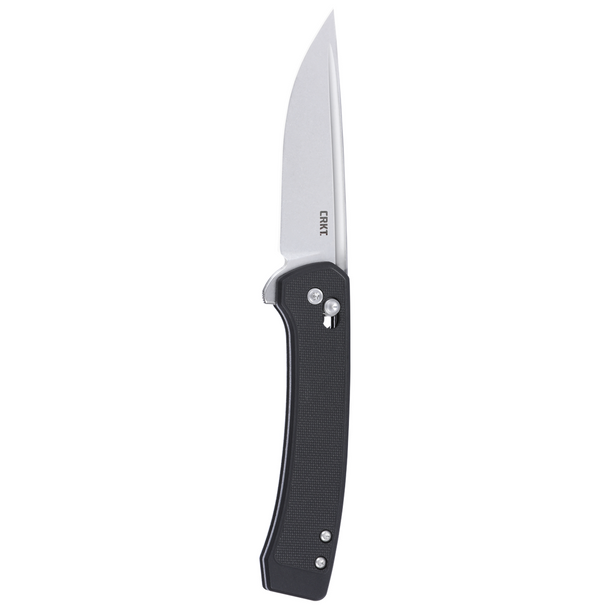 CRKT Q Compact Crossbar Lock Knife: Drop Point, Plain Edge, Stonewash Blade; Black GRN, Model 7075