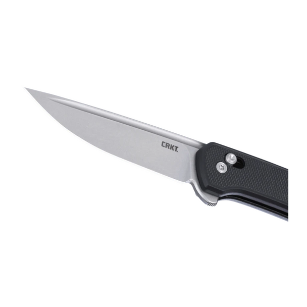 CRKT Q Compact Crossbar Lock Knife: Drop Point, Plain Edge, Stonewash Blade; Black GRN, Model 7075