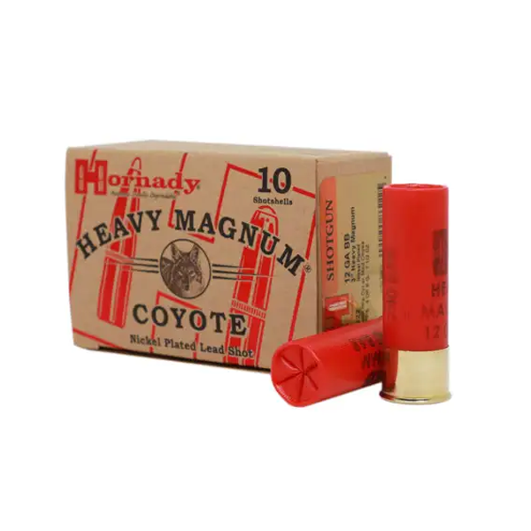 Hornady Heavy Magnum Coyote Ammunition: 12 Gauge, 3", BB, Nickel Plated Lead, 1-1/2 oz, 4 DE, 1300 fps, Model 86222
