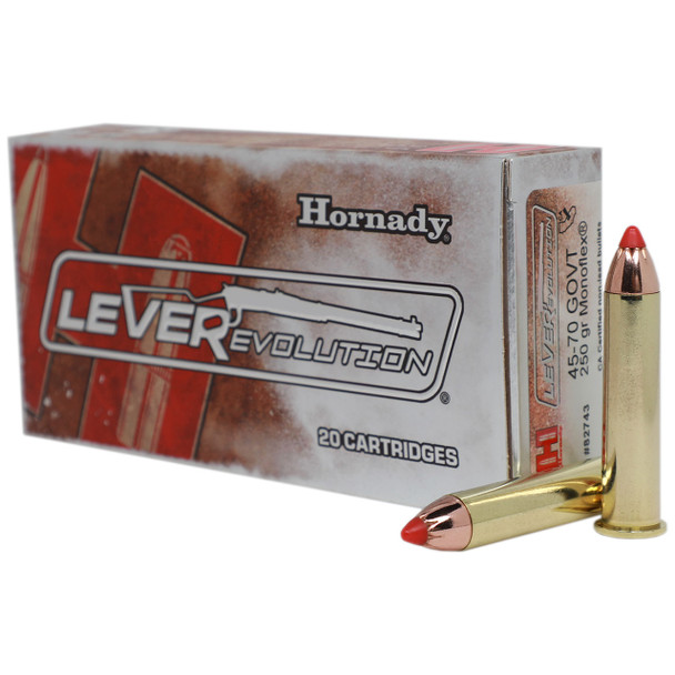 Hornady LEVERevolution (International) Ammunition: 45-70 Gov't, 250 gr, MonoFlex, 640 m/s, Model 82743