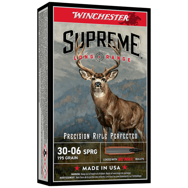 Winchester Supreme Long Range Ammunition: 30-06 Spr, 195 gr, BC MAX, 2570 fps, Model S3006BC