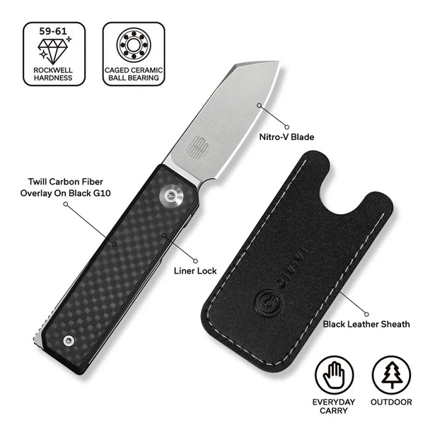 CIVIVI Kukei Front Flipper Knife Twill Carbon Fiber Overlay On Black G10 Handle, Model C25036-4