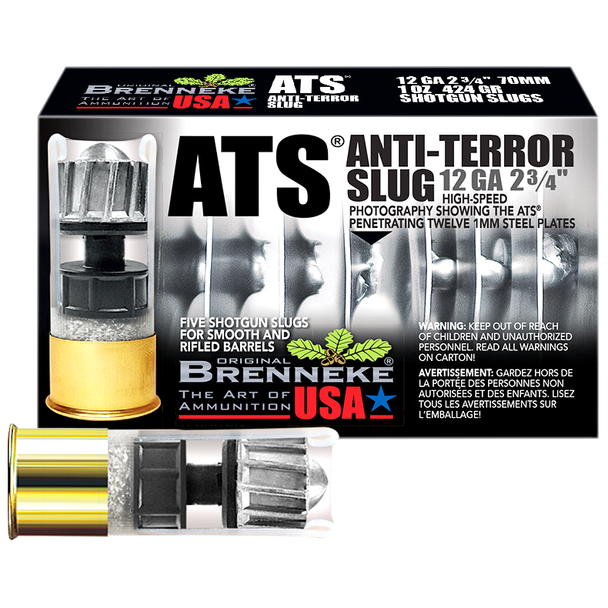 Brenneke USA Anti-Terror Slug Ammunition: 12 Gauge, 2 3/4", 1 oz / 424 gr, Slug, 1680 fps, Model SL-122ATS