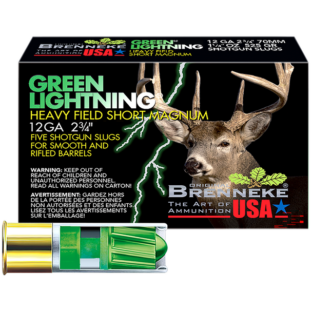 Brenneke USA Heavy Field Short Magnum Ammunition: 12 Gauge, 2-3/4", 1-1/4 oz, Green Lightning Slug, 1476 fps, Model SL-122HFSGL