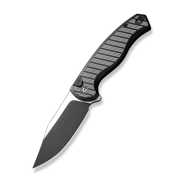 CIVIVI Stormhowl Flipper & Button Lock Knife: Milled Black Aluminum Handle / 3.3" Black Stonewashed Nitro-V Blade | C23040B-1