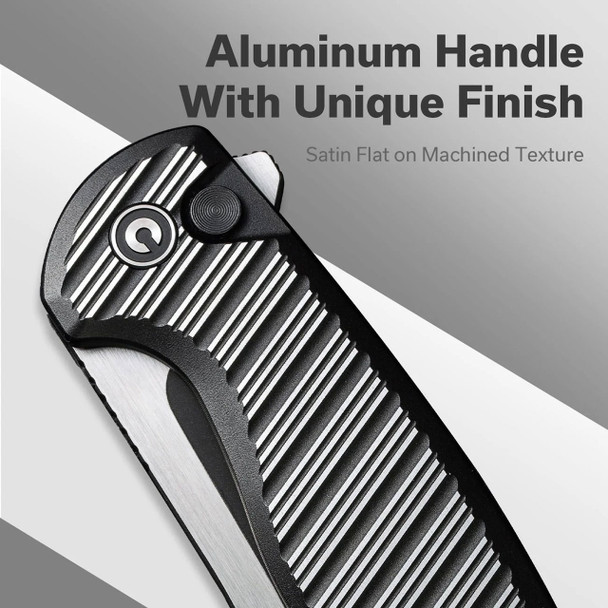 CIVIVI Stormhowl Flipper & Button Lock Knife: Milled Black Aluminum Handle / 3.3" Black Stonewashed Nitro-V Blade | C23040B-1