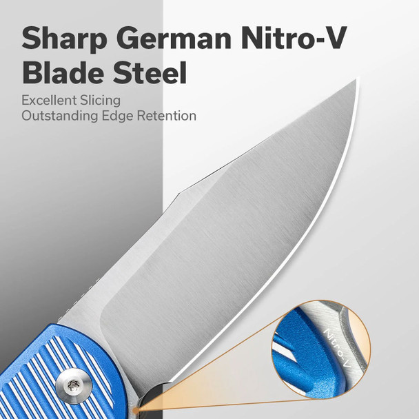 CIVIVI Stormhowl Flipper & Button Lock Knife: Milled Bright Blue Aluminum Handle / 3.3" Satin Finished Nitro-V Blade | C23040B-2