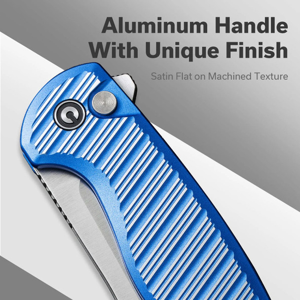 CIVIVI Stormhowl Flipper & Button Lock Knife: Milled Bright Blue Aluminum Handle / 3.3" Satin Finished Nitro-V Blade | C23040B-2