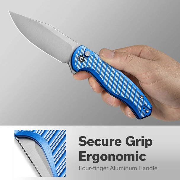 CIVIVI Stormhowl Flipper & Button Lock Knife: Milled Bright Blue Aluminum Handle / 3.3" Satin Finished Nitro-V Blade | C23040B-2