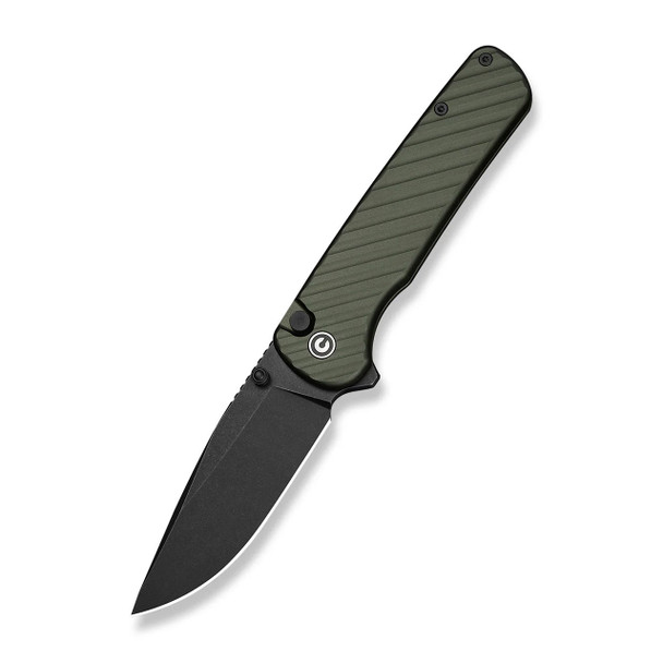CIVIVI Iron Tide Flipper & Thumb Stud & Button Lock Knife: Forest Green Aluminum Handle, 3.24" Black Stonewashed 14C28N Blade | C25011-2