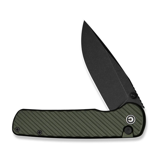 CIVIVI Iron Tide Flipper & Thumb Stud & Button Lock Knife: Forest Green Aluminum Handle, 3.24" Black Stonewashed 14C28N Blade | C25011-2