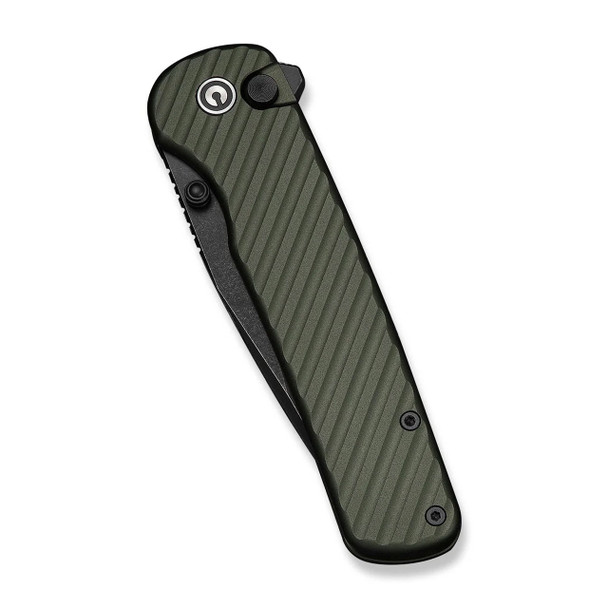 CIVIVI Iron Tide Flipper & Thumb Stud & Button Lock Knife: Forest Green Aluminum Handle, 3.24" Black Stonewashed 14C28N Blade | C25011-2
