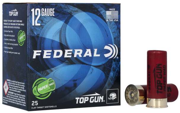 Federal Top Gun Paper Wad Ammunition: 12 Gauge, 7.5 Shot, 2-3/4 in, 1 1/8 oz, 1200 fps, Qty: 25