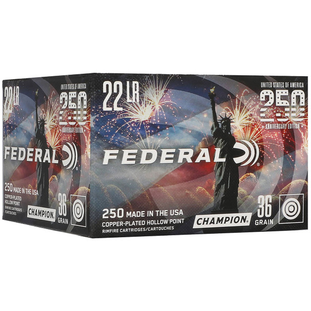 Federal 250th Anniversary USA Rimfire Ammunition: 22 LR, 36 Grain, Copper Plated Hollow Point, 1260 fps, Qty: 250 | 750USA
