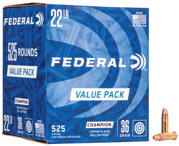 Federal Champion Training - Rimfire Bulk Ammunition: 22 LR, 36 Grain, Copper Plated Hollow Point, 1260 fps, Qty: 5250