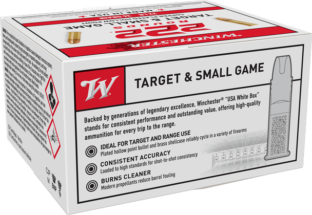 Winchester USA White Box Bulk Ammunition: 22 Long Rifle, 36 Grain, Hollow Point Copper Plated, 1280 fps