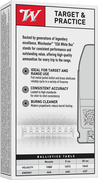 Winchester USA White Box Bulk Ammunition: 10mm Automatic, 180 Grain, Full Metal Jacket - Flat Nose, 1080 fps