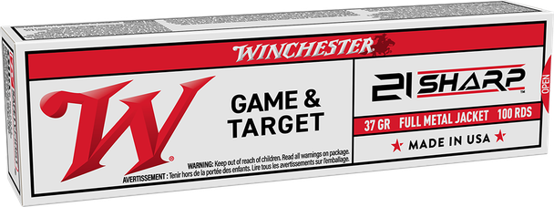 Winchester USA White Box Bulk Ammunition: 21 Sharp, 37 Grain, Full Metal Jacket, 1370 fps