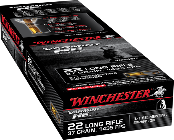 Winchester Varmint HE Bulk Ammunition: 22 Long Rifle, 37 Grain, 3-1 Segmenting Expansion, 1400 fps